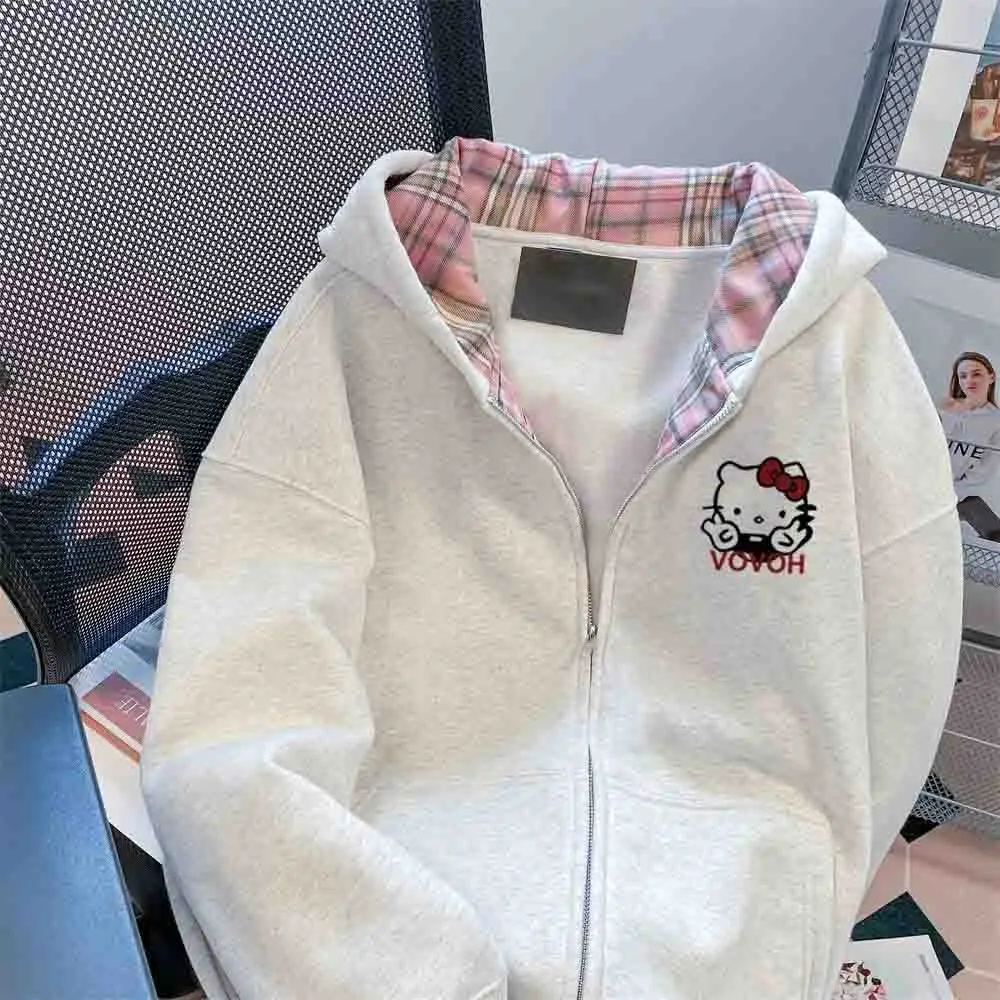 Hello Kitty Women's Hooded Sweatshirt Kawaii Cartoon Student Autumn Long Sleeve Zipper Top Women's Clothing Y2K Printed Coat view 6