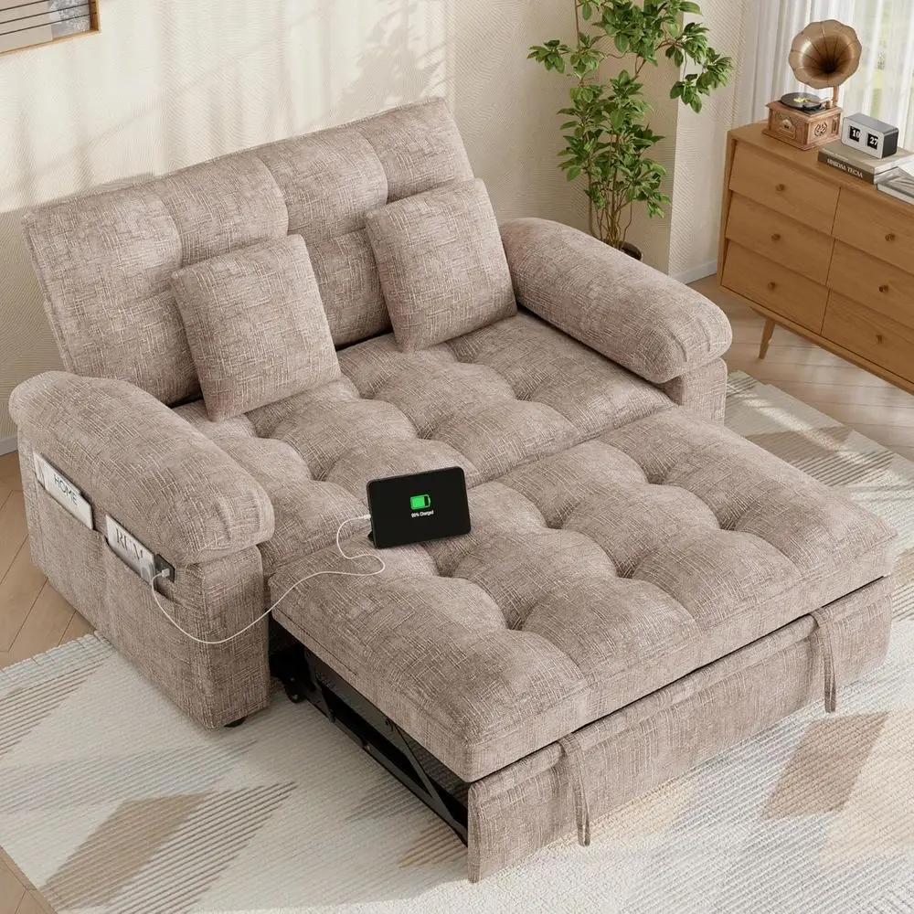 

Khaki Chenille 3-in-1 Convertible Sofa Bed with USB Ports and Side Pockets, Ideal for Living Rooms, RVs, and Campers