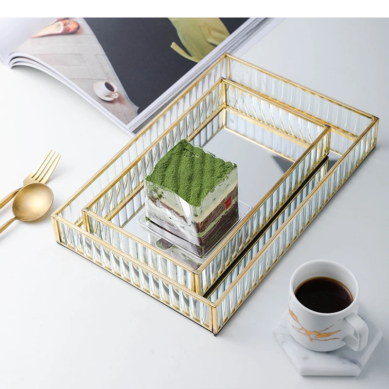 

Nordic Glass Mirror Storage Tray Gold Rectangle Makeup Organizer Dessert Plate Jewelry Display Home Kitchen Decor