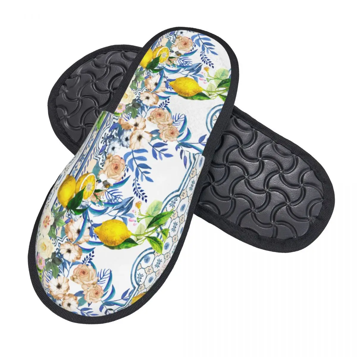 Custom Mediterranean Sicilian Tiles Lemons Guest Slippers for Bedroom Women House Slipper