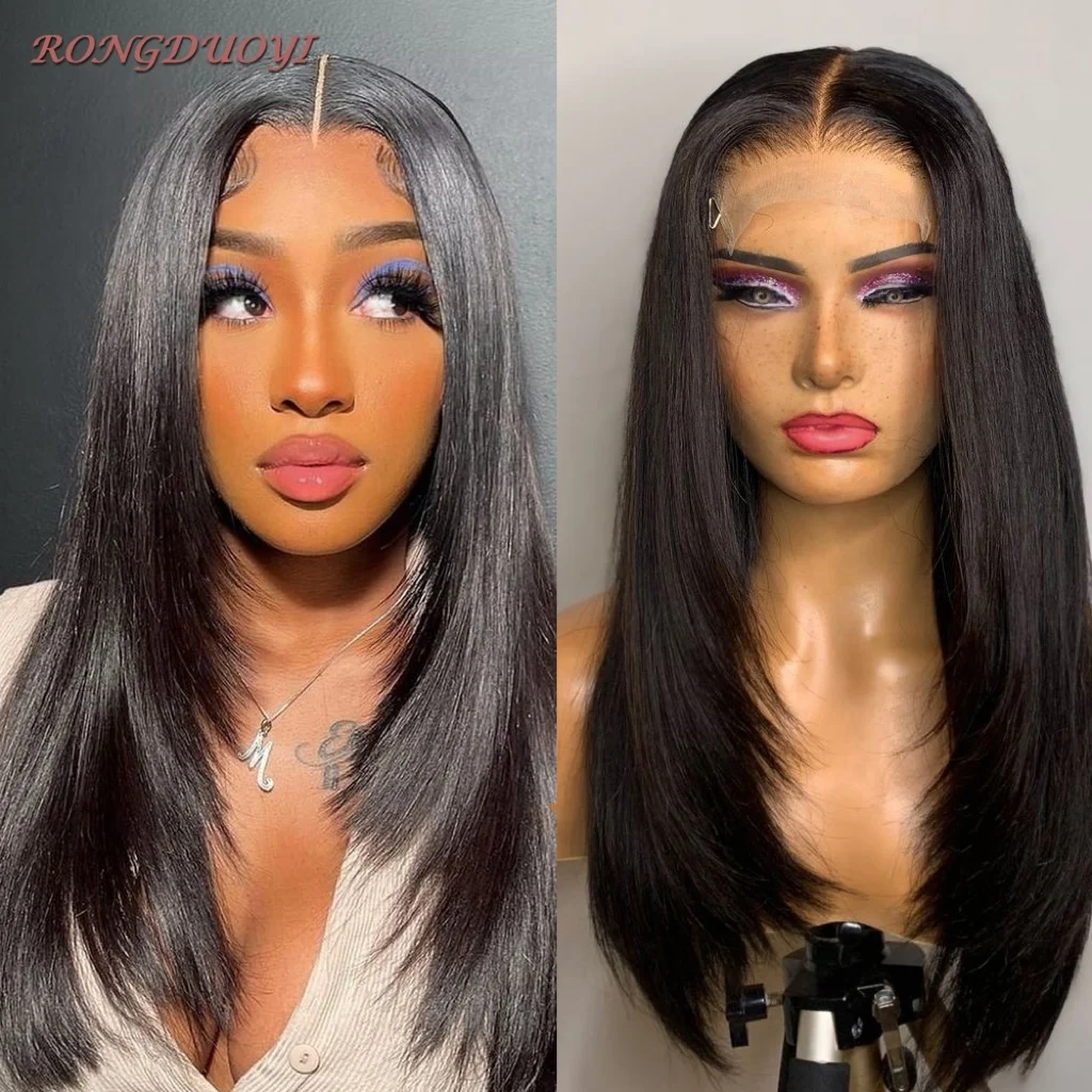 

RONGDUOYI Black Layered Straight Lace Front Wig Synthetic Wig Lace Burgundy Pink Platinum Blonde Wigs Natural Hairline