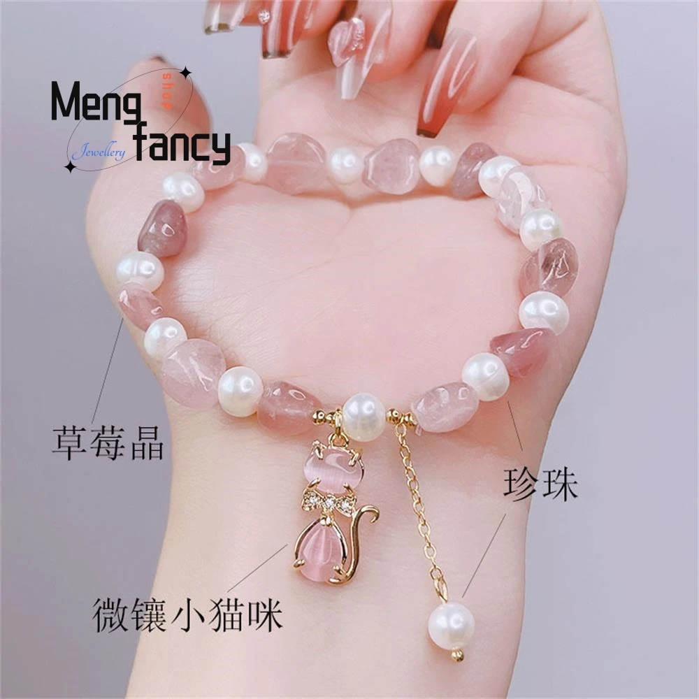 

Small Fresh Pearl Female Pink Strawberry Crystal Beaded Bracelet Cute Cat Pendant High-grade Exquisite Luxury Fashion Jewelry