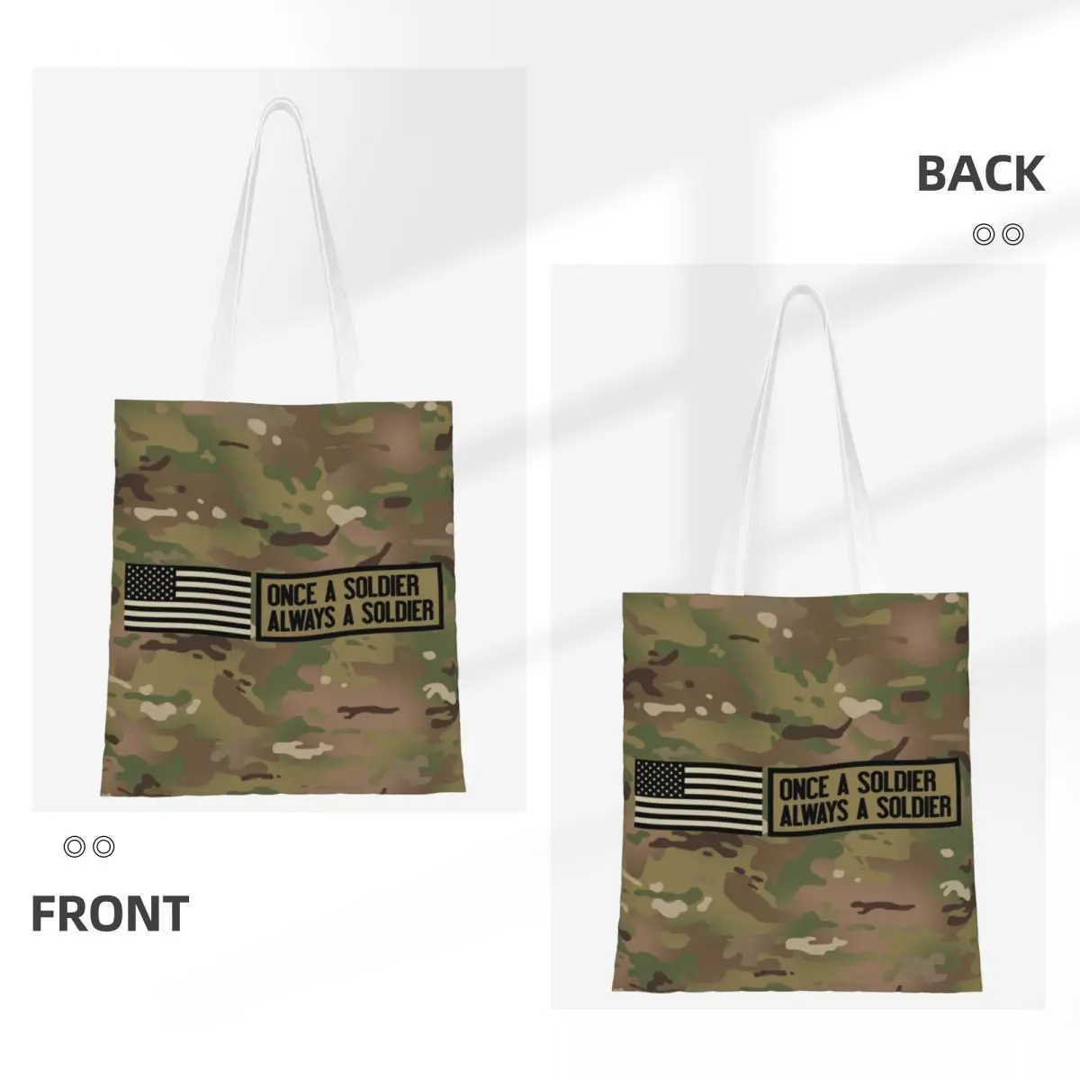 Custom Funny Printing Once A Soldier Always A Soldier Shopping Tote Bags Durable Canvas Shopper Shoulder Camo Handbag