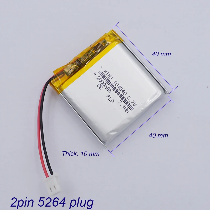 Batteria ricaricabile Li Lipo da 3,7 V 2000 mAh 7,4 Wh 104040   Spina JST 2 pin 5264 per fotocamera per auto GPS altoparlante Bluetooth Dashcam Tablet PC