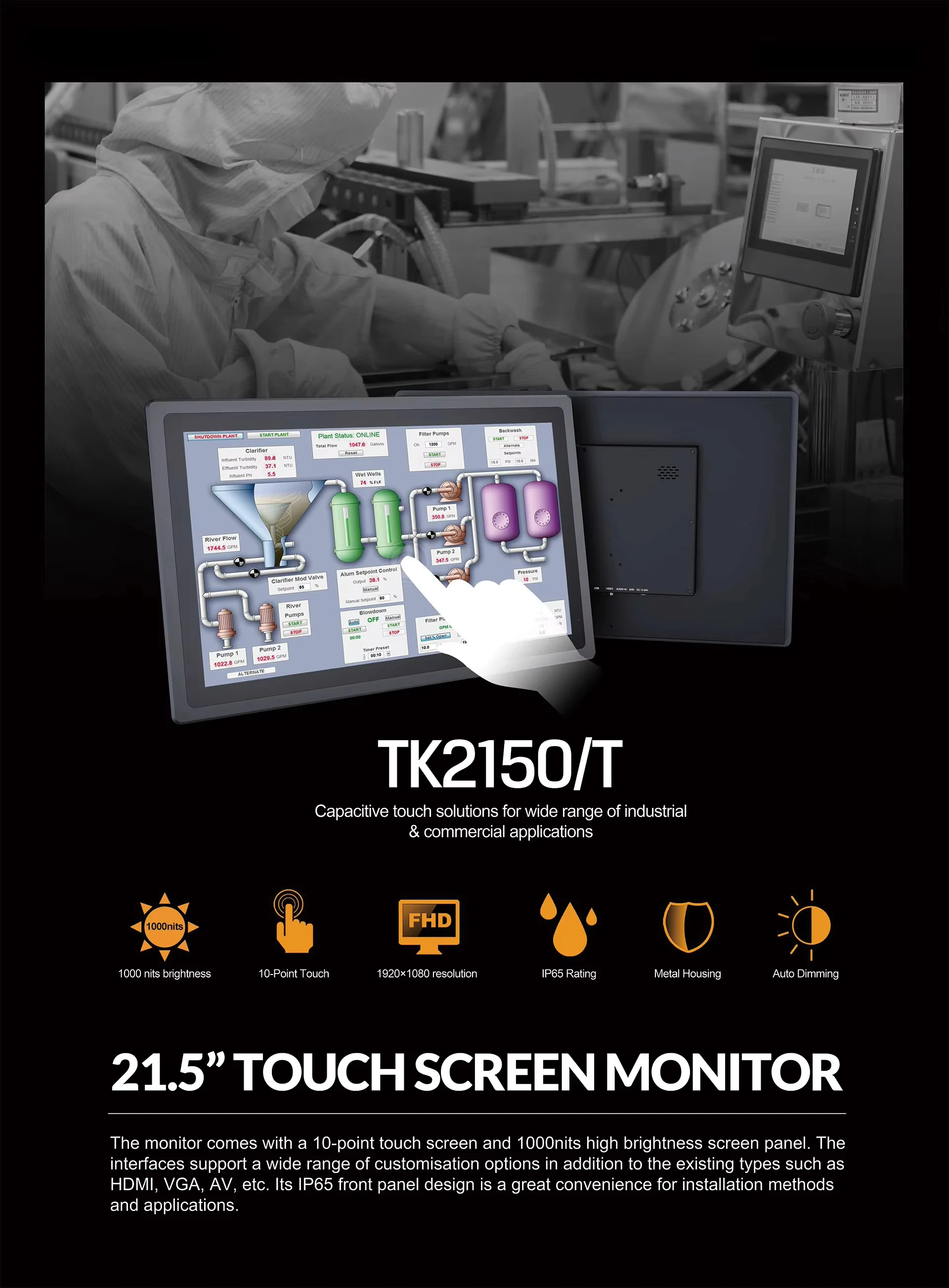 TK2150/T metalen behuizing 21,5 inch 1000nits hoge helderheid buiten 10-punts PCAP touchscreen mmmonitor met VGA, AV