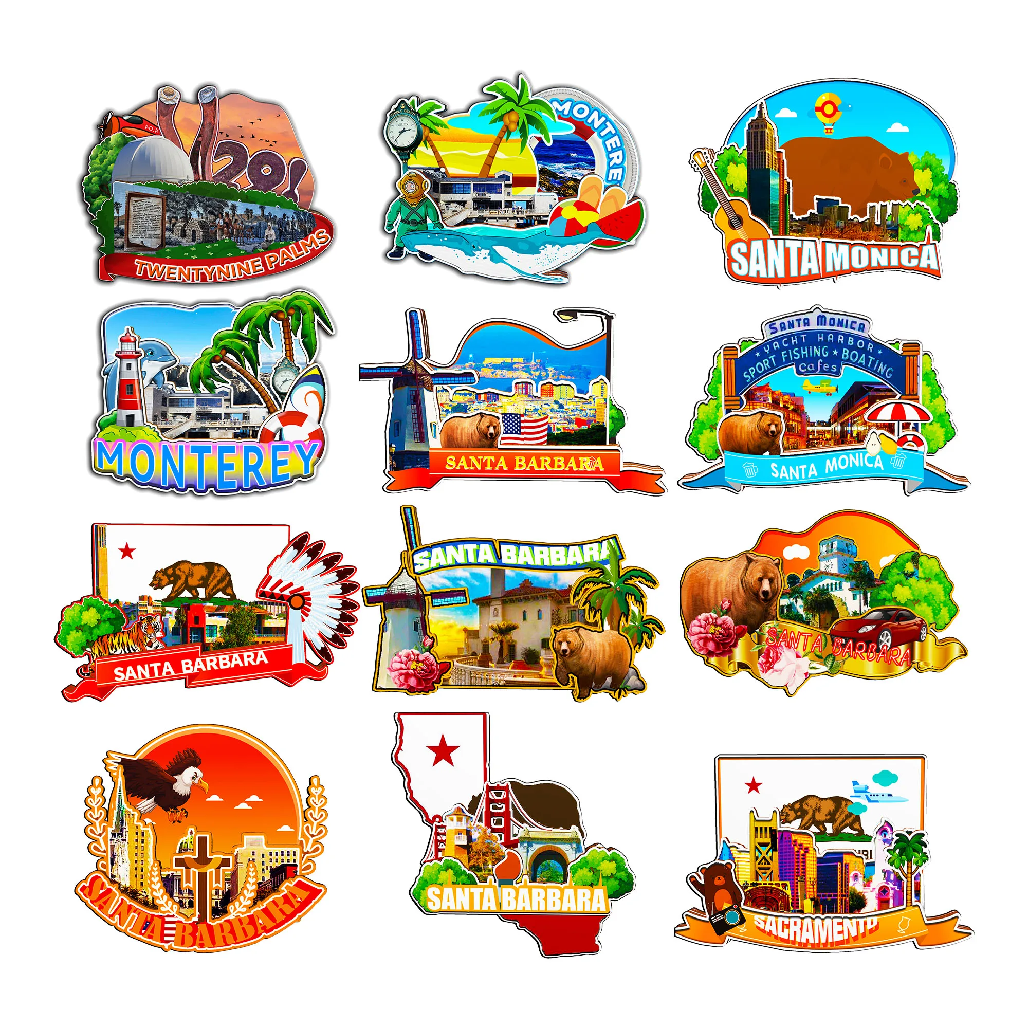 Imanes decorativos para Monterey Twentynine Palms Santa Mónica Sacramento Santa Bárbara California Estados Unidos Punto de referencia de la ciudad