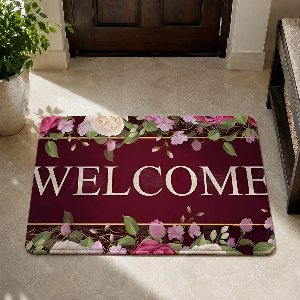 Welcome Floor Mat Flannel Rug Non Slip Absorbent Soft Washable for Entryway Hallway Bathroom Kitchen Decor