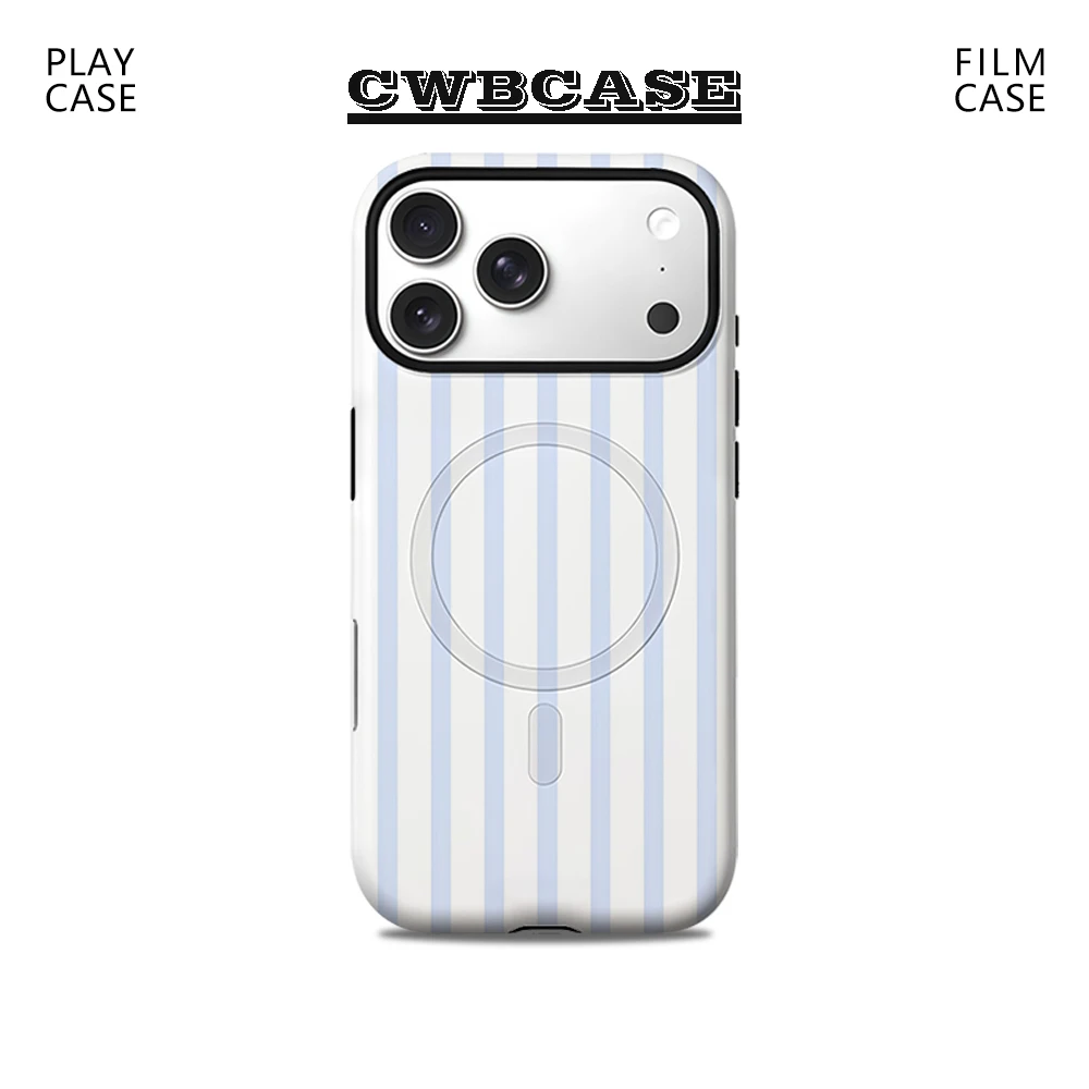 Capa de Celular Azul Claro com Listras Verticais para iPhone 17 16 15 14 Pro Plus Pro Max 2 em 1 Luxuosa Magnética Antichoque