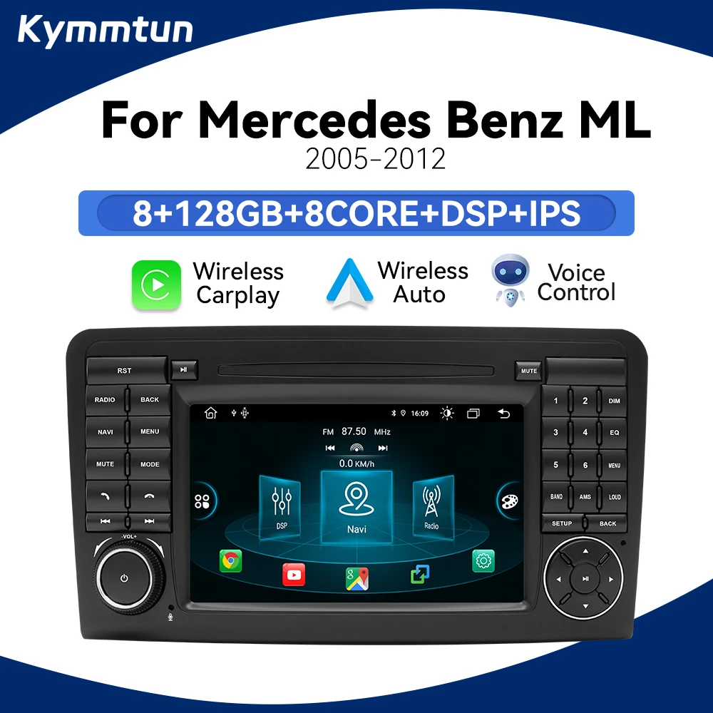 Autoradio sans fil avec commande vocale AI, Carplay, pour BENZ ML 320/350/W164 2005-2012 GL, Android 14, GPS multimédia, 128 Go, 4G Wifi