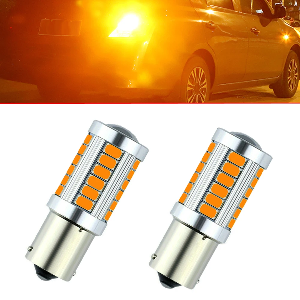 

2Pcs Car Warning Lamp No Error Turn Signal Lights Amber Yellow LED 1156 BAU15S PY21W 33SMD Brake Tail Reverse Bulb Rear Lamp