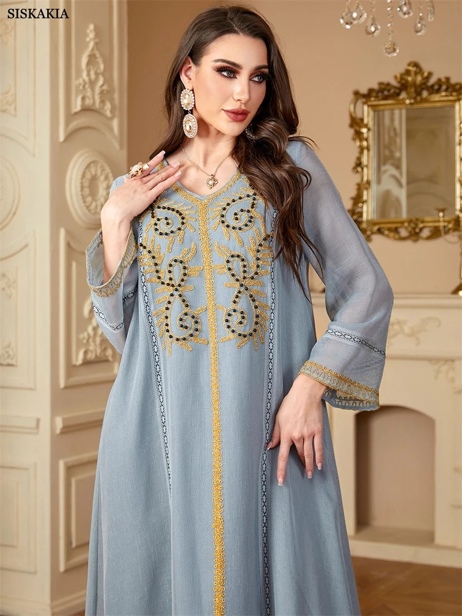 Sisakia nouvelle robe de soirée brodée musulmane pour femmes dubaï manches en maille Abaya col en v caftan perlé 2025