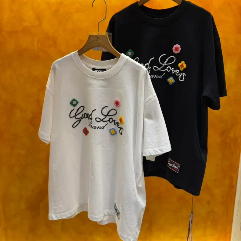 Heavy Industry 3D Embroidery Slogan Colorful Flower Logo GOODBRAND Tshirts Summer Street Men Women Round Neck Short Sleeve Tops