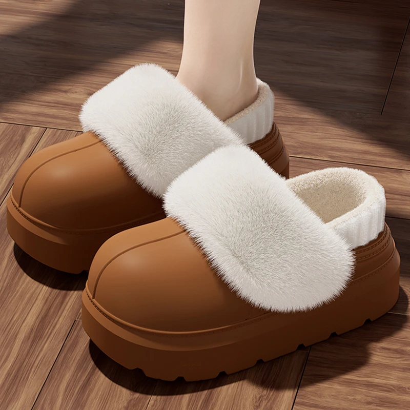 

Водонепроницаемые домашние меховые тапочки из ЭВА на удобной платформе, женские зимние домашние тапочки на пушистом меху 2025, женские теплые плюшевые сабо, обувь