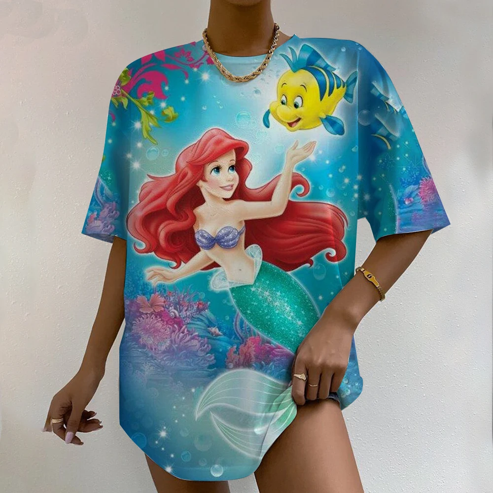 Disney Princess Print T-Shirt mit Rundhalsausschnitt, lässiges Kurzarm-T-Shirt für Sommer-Damenbekleidung, bequeme, weiche, kreative Oberteile