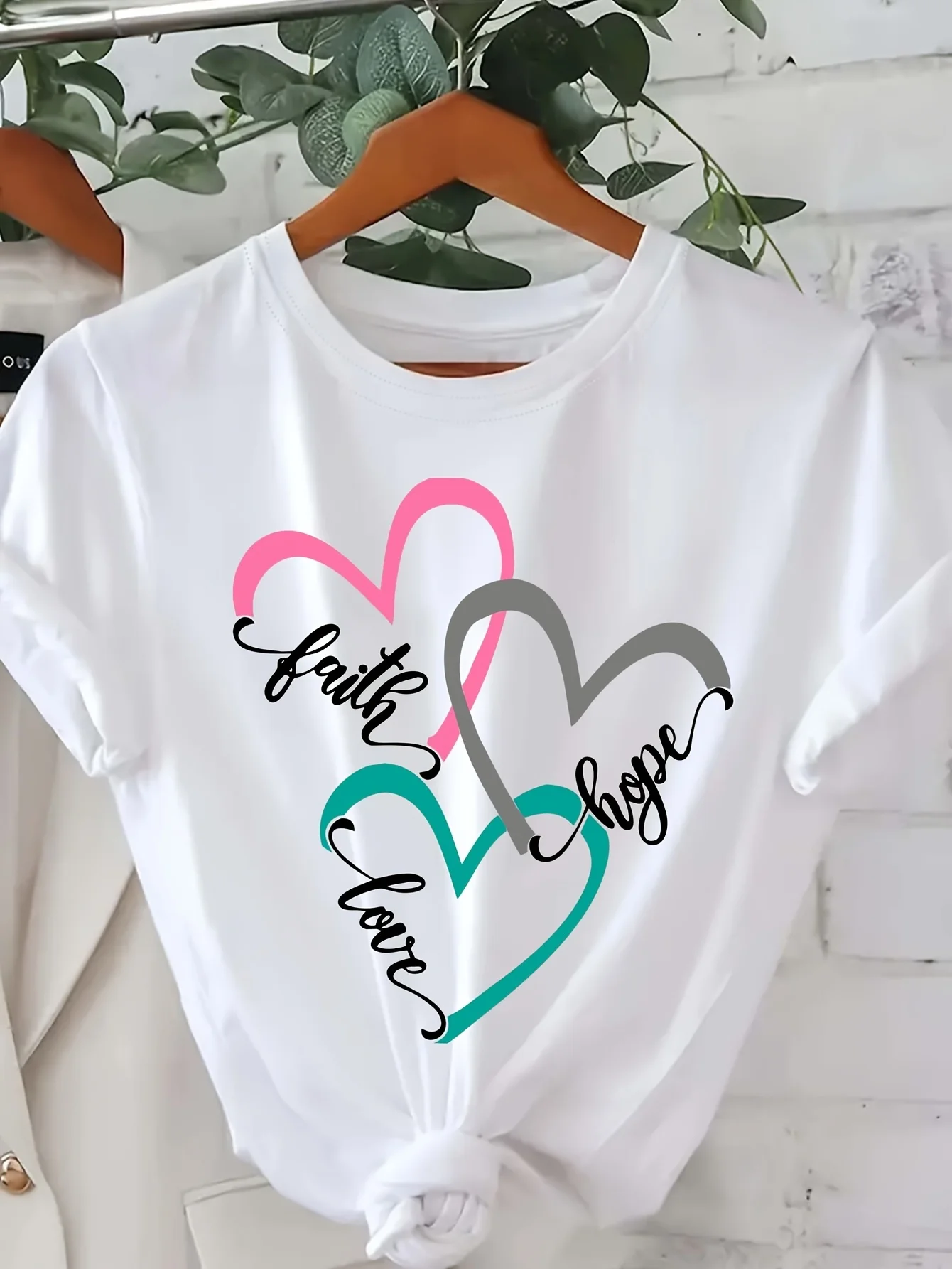 

Faith Love Hope Letter Print T-shirt, Short Sleeve Crew Neck Casual Top, Polyester Elastane Blend, Regular Length, All Season