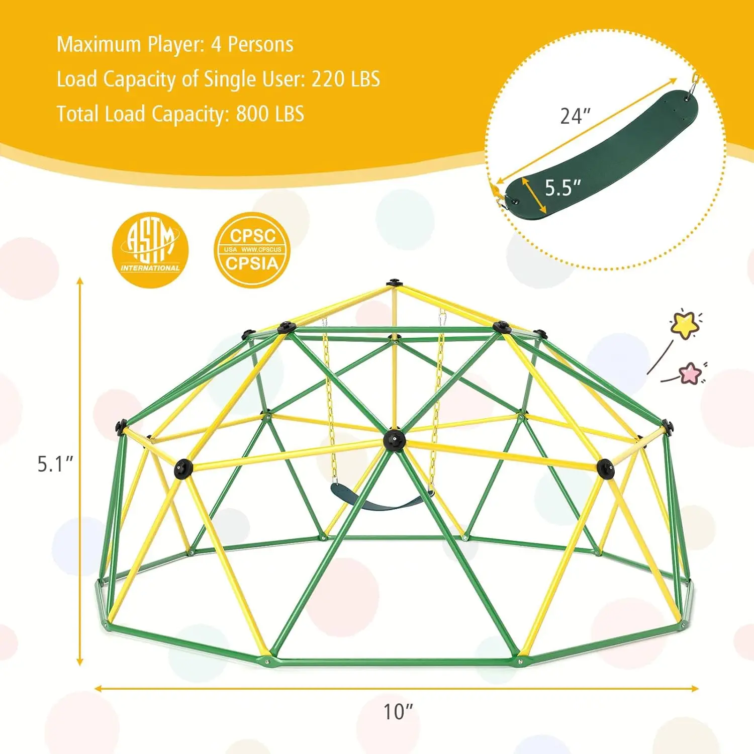 قبة التسلق مع أرجوحة، ألعاب تسلق قرد لصالة الألعاب الرياضية للأطفال بطول 10 أقدام للأماكن الخارجية، تحمل ما يصل إلى 800 رطل، قبة هندسية داخلية