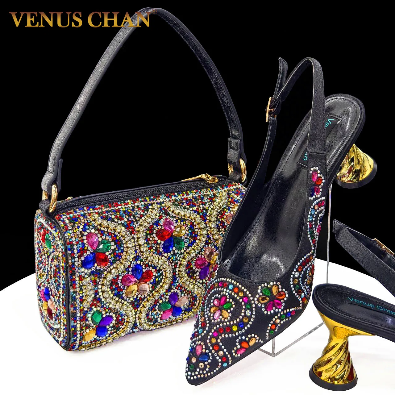 

Venus Chan Elegant Heels for Womens Peep Toe Special Material Design Rhinestone Sandals Italian Shoes and Bags Matching Set 2024