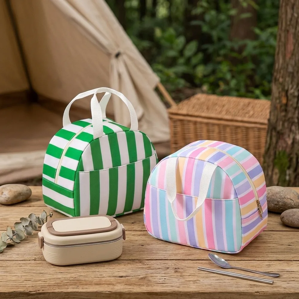 Aluminum Foil Lined Insulated Lunch Bag in Striped Design for Reliable Hot and Cold Food Storage Throughout the Day