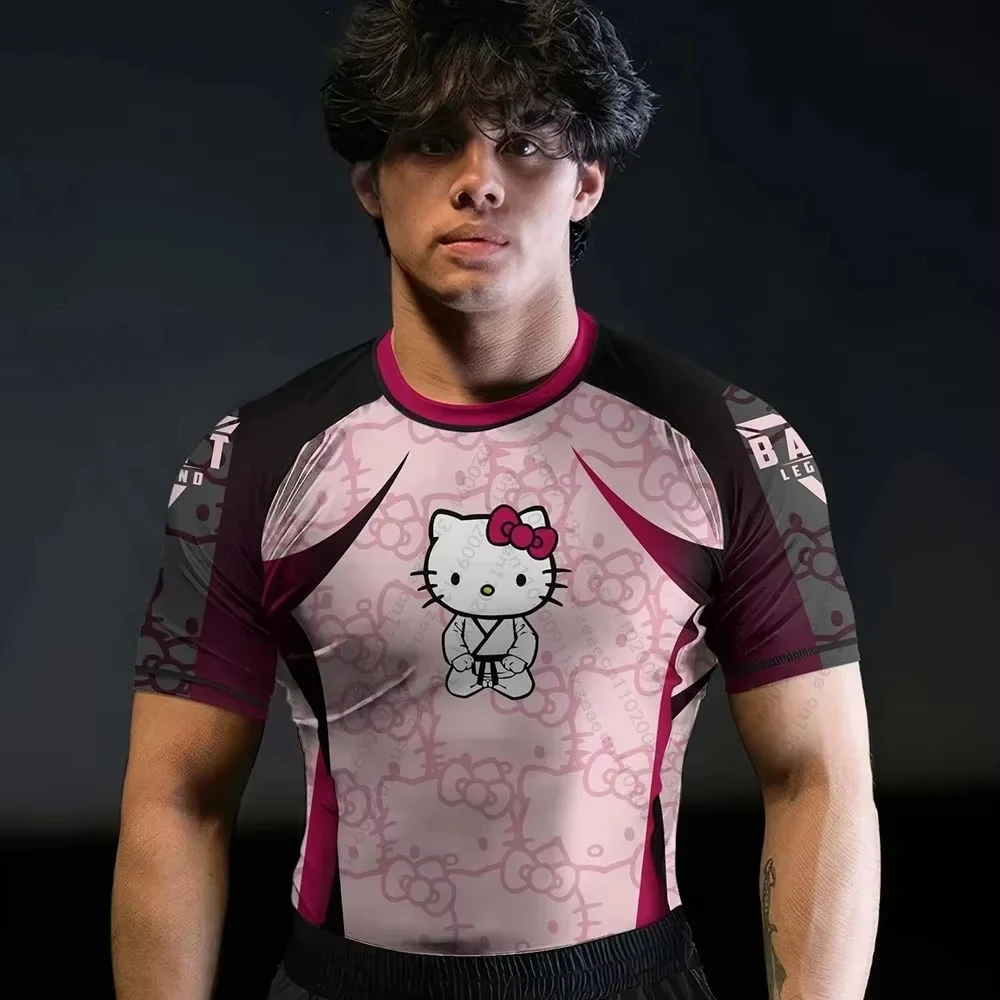 Camiseta Masculina e Feminina Casual Esportiva Halloween Presente Anime Fitness Academia Hello Kitty Jiu Jitsu Rash Guard Respirável