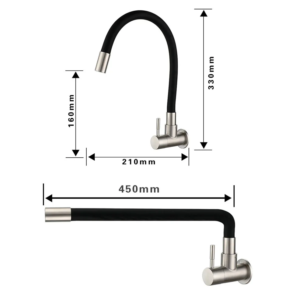 Kitchen Faucet Wall Mounted Black Brushed 304 Stainless Steel Rotation Universal Pipe Single Cold Water Tap Kitchen Sink Faucet