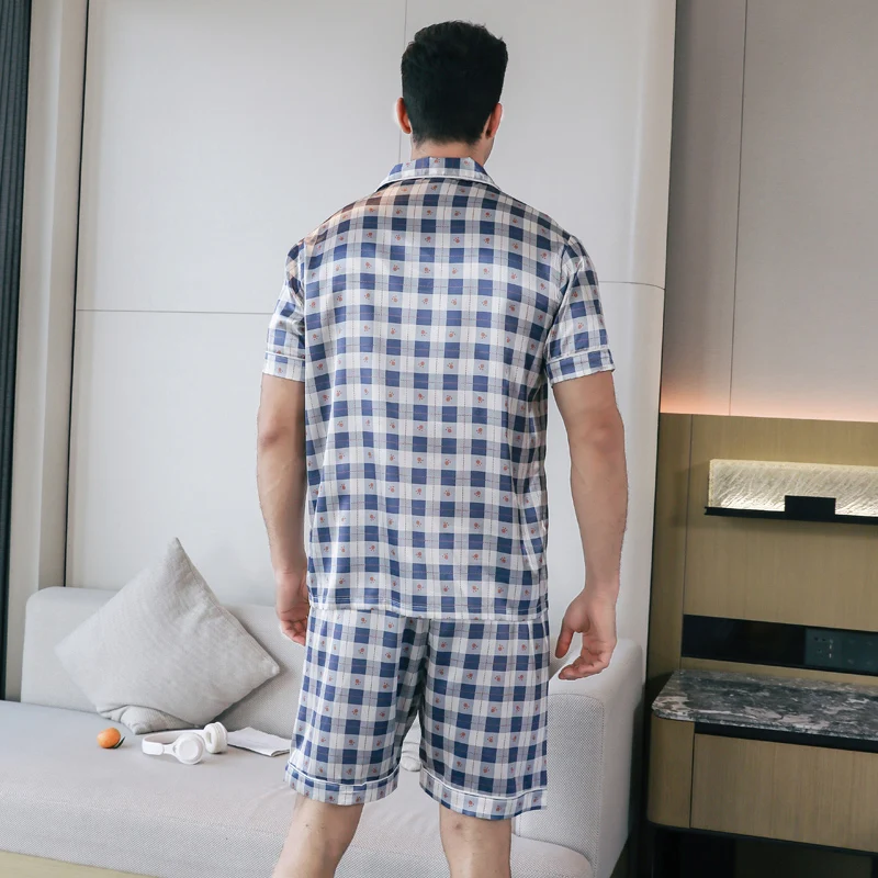 Men's pajamas short sleeved summer ice silk home clothing men's summer casual thin cardigan can be worn as a set home clothing