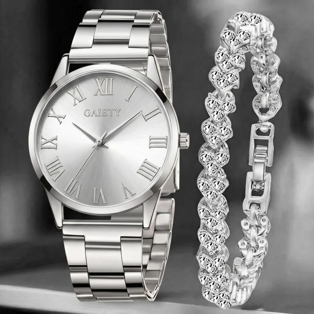 2Pcs/Set Unisex Jewelry Watch Set Women's Wristwatch Accessories Silver Fashion Business Elegant Classic Exquisite Light Luxury Rhinestone Luxury Bracelet Watch Set Y2K Suitable for Travel, Parties, Daily Outfits, Perfect Birthday and Holiday Gift