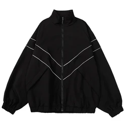 Chaqueta reflectante a rayas para hombre, abrigo de Hip Hop con cremallera, cortavientos, abrigos finos Harajuku, deportes, negro y azul, 2023