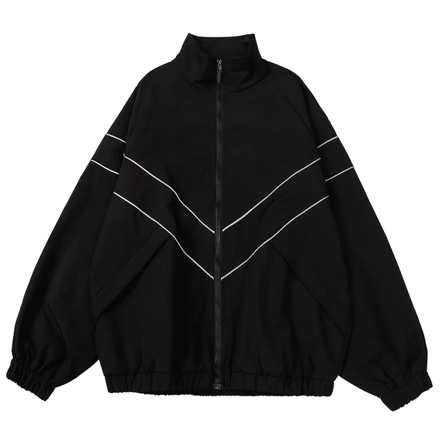 Odblaskowa kurtka w paski Płaszcz wiatrówka 2024 Mężczyźni Hip Hop Streetwear Kurtka zapinana na zamek Harajuku Cienkie płaszcze Sportowe Czarny Niebieski