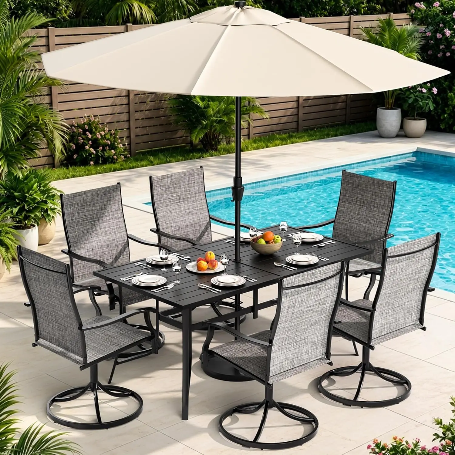 Outdoor Dining Set 7 Piece Patio Swivel Chairs & 63