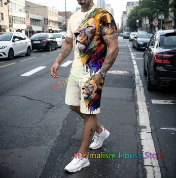 Letni nowy męski zestaw 3D Tiger Lion Print Round Neck Short Sleeved T-shirt Shorts Set 2-częściowy wysokiej jakości casualowy zestaw sportowy uliczny