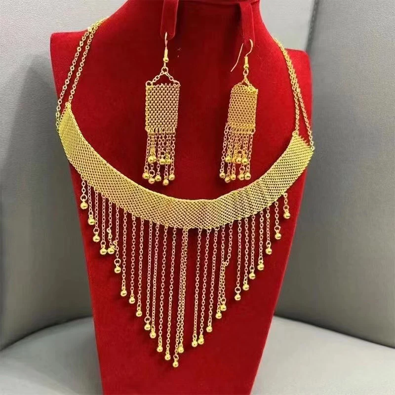 Dubai Gold color Metal Necklace Earrings Set Luxury Tassel Pendant Design Bridal Jewelry Set Free Shipping