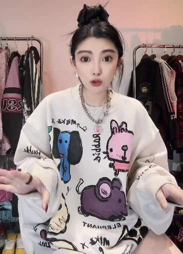 Roupas femininas em torno do pescoço pulôver emenda cor sweatshirts outono dos desenhos animados topo manga longa kawaii roupas oversized topos