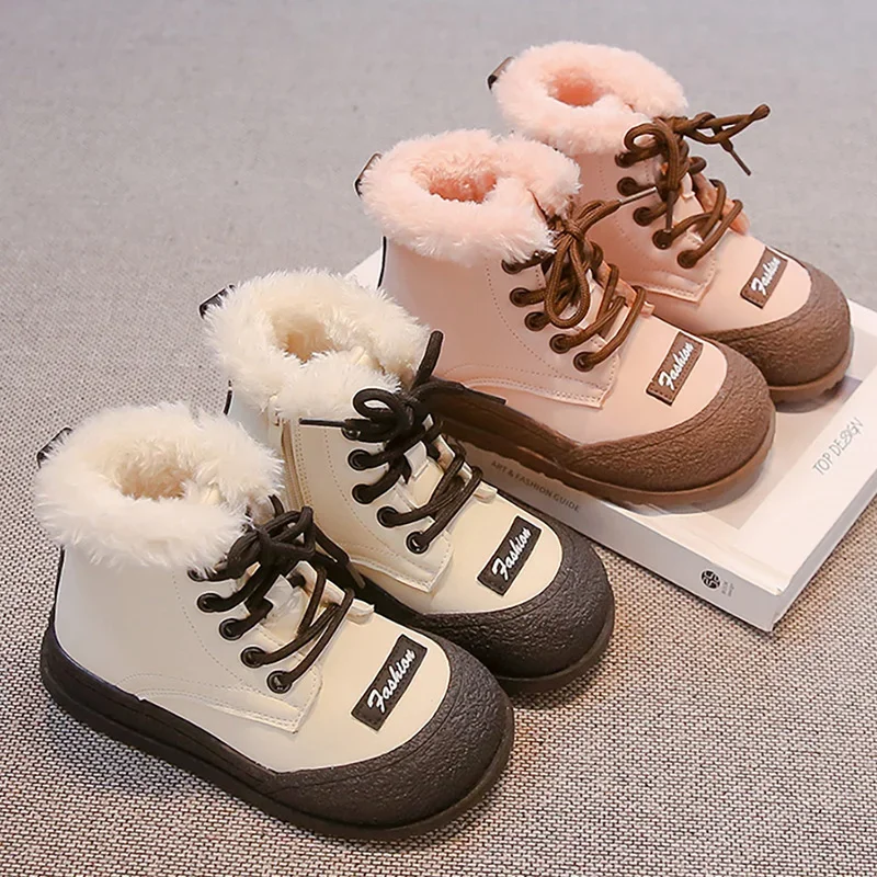 

Children's Winter Plush Boots PU Leather Thick Warm Boy Girl Snow Boots Soft-soled Kids Warm Winter Boots Causal Cotton Shoes