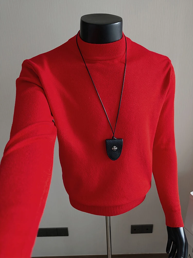 

Warm Mid-High Collar Men's Knitted Sweater Casual Faion Urban Sle Pure Color Inner Wear Winter Season Breathable Soft Fabric