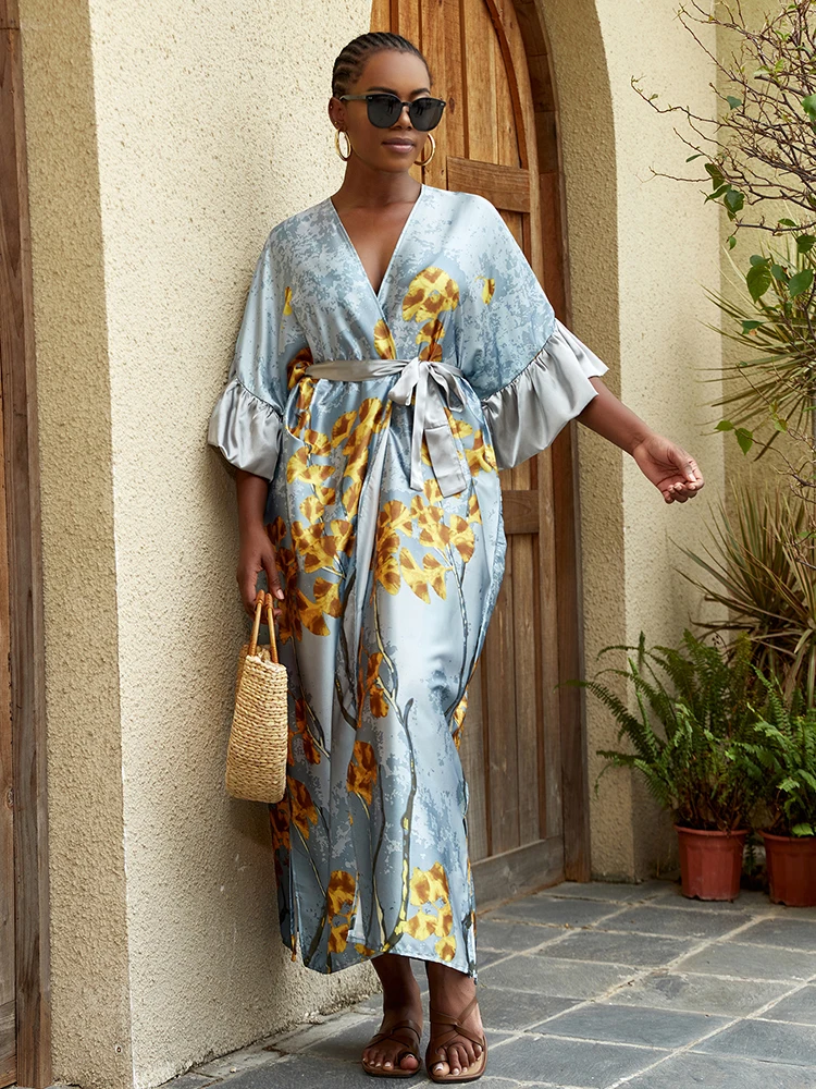 

Женское длинное платье больших размеров с винтажным этническим принтом и рукавами-крылышками