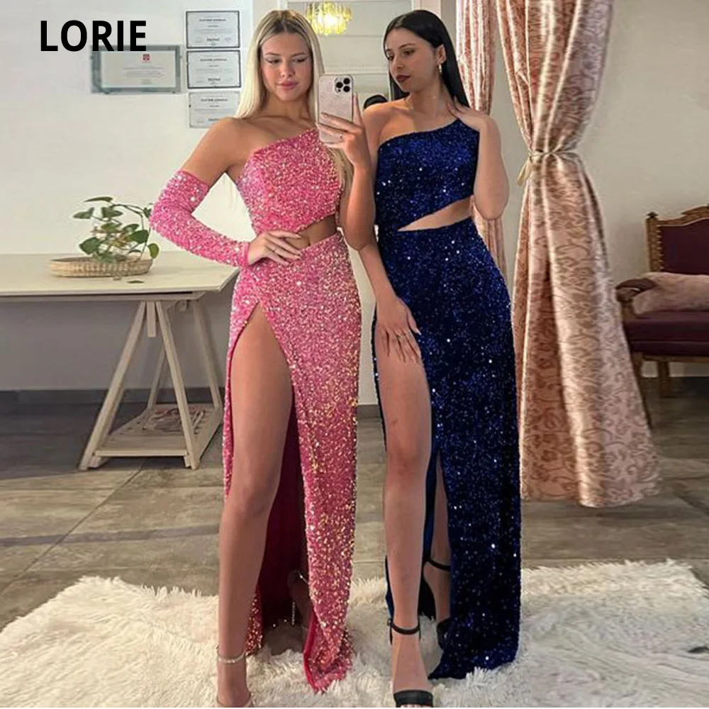 

LORIE Pink Sequin Mermaid Prom Dresses One Shoulder 2 Pieces High Side Split Evening Gowns Formal Party Dress Robes De Soirée