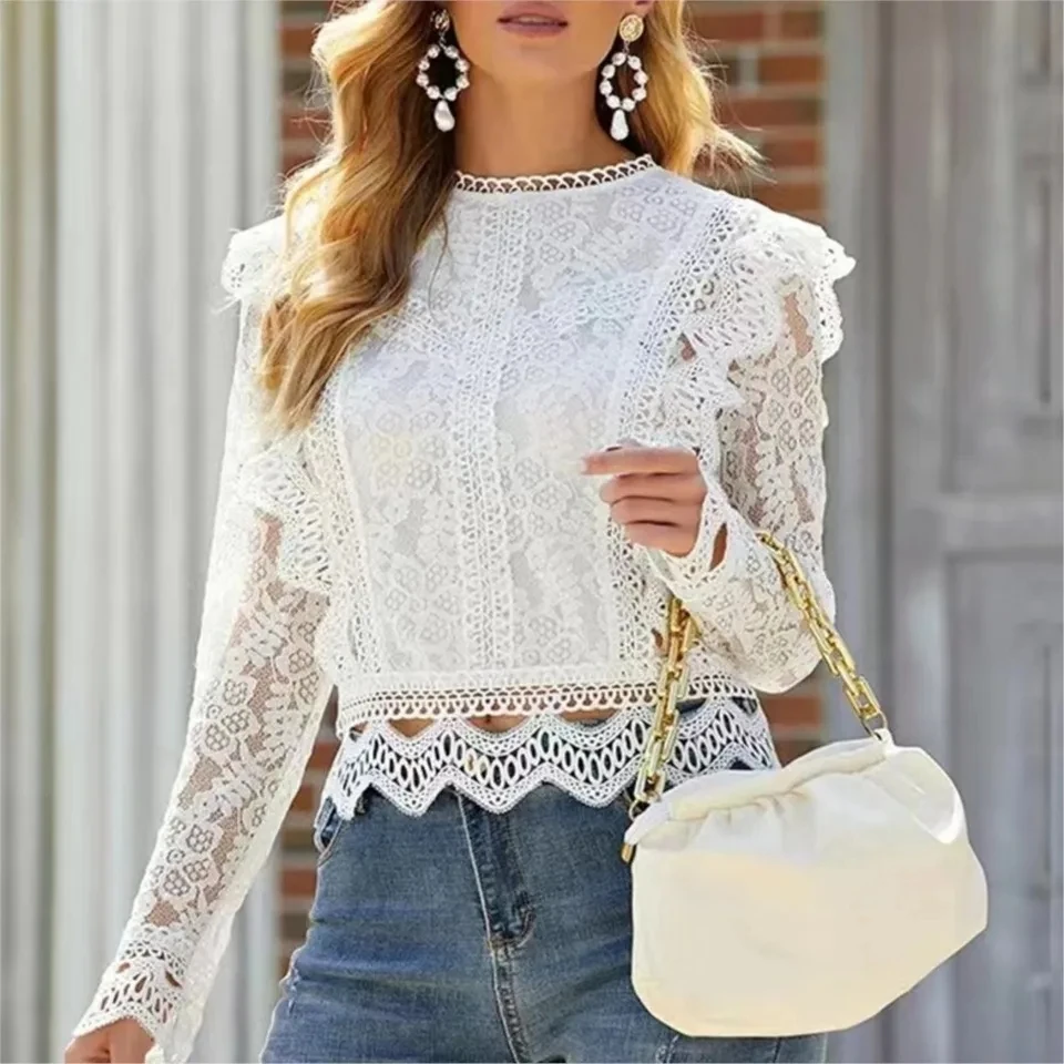 

Women's Sexy Hollow Lace Long-sleeved Lace Shirt Spring Autumn New Casual Fashion Solid Color Long Sleeved Base Female Coat 2025