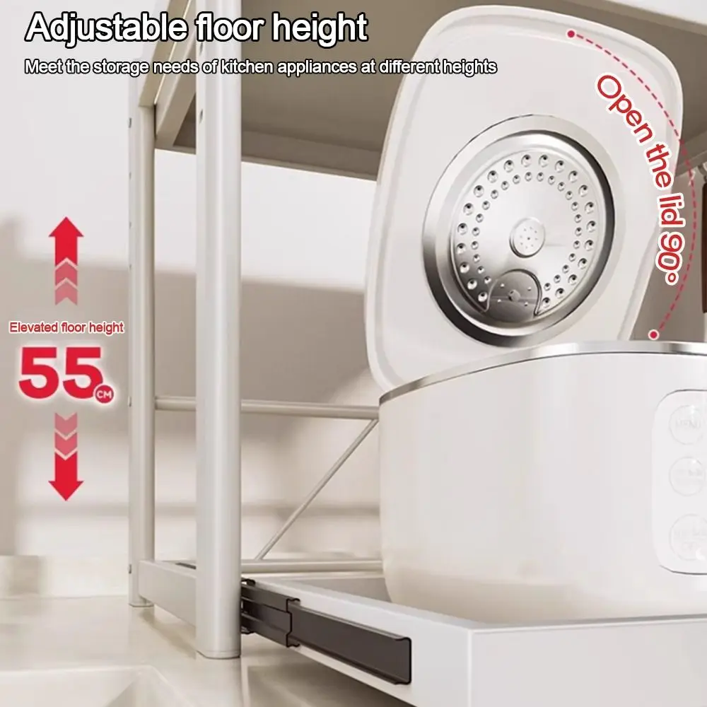 

New Pull-Out Microwave Storage Rack 2 Layers White Grey Countertop Organizer Carbon Steel Air Fryer Storage Shelf