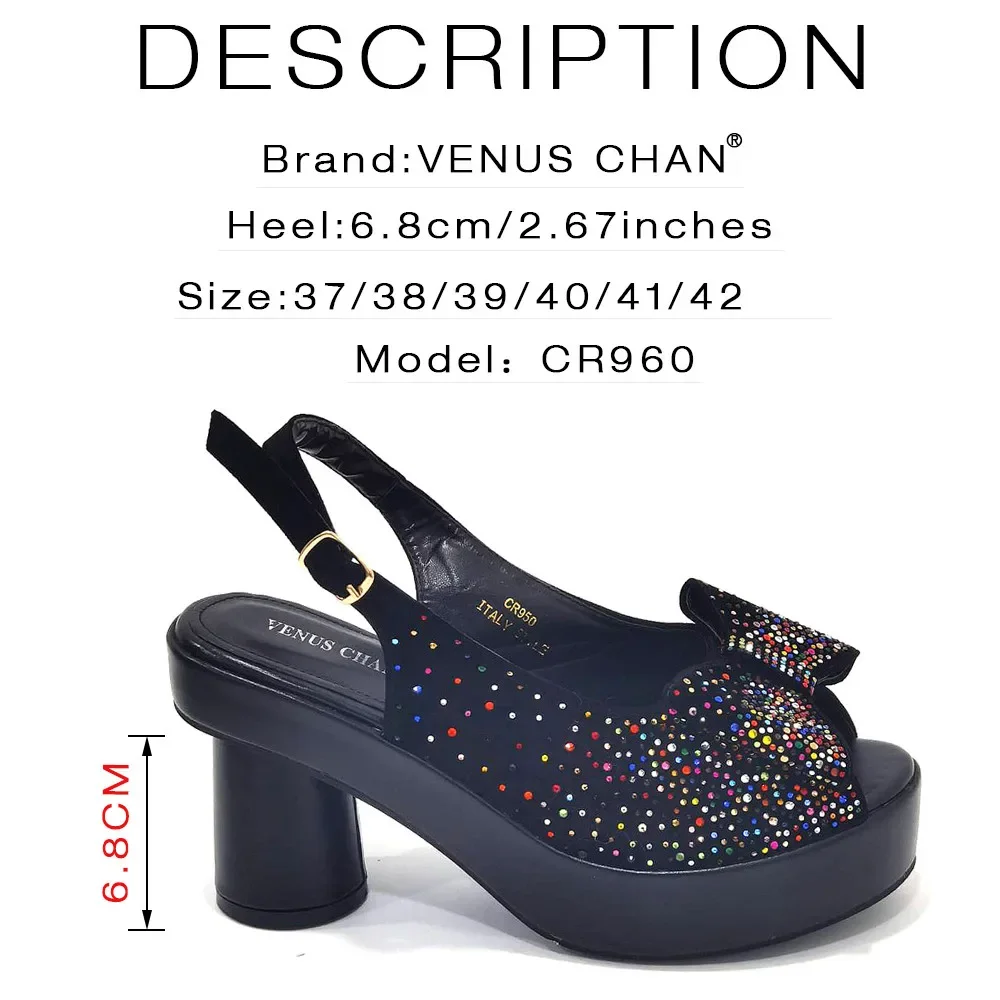 Elegante Schwarze Damen-Sandalen mit Blockabsatz, Plateau, Peeptoe und Strass-Verzierung & Clutch-Tasche Set für Hochzeit, Party und Abendveranstaltungen – Detail 8