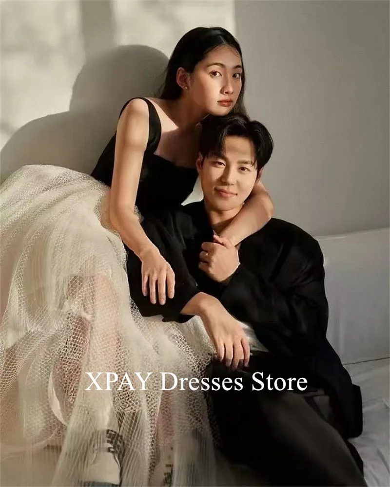 

XPAY Modern Contrast A Line Wedding Party Dresses Korea Photo shoot Black And White Tulle Evening Gowns Corset Back Customized
