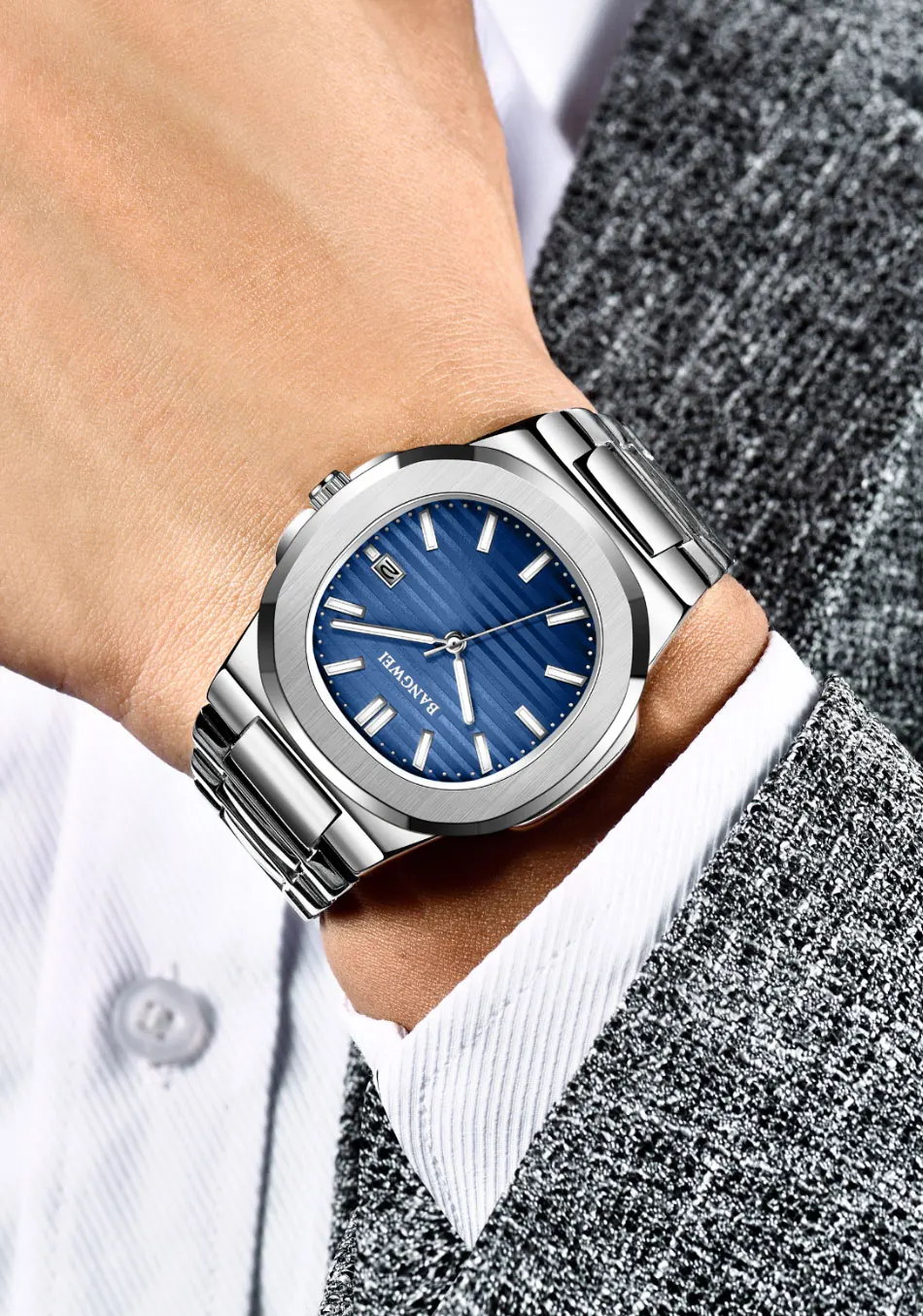 BANGWEI Modische Quadratische Quarz-Herrenuhr Wasserdicht Leuchtend mit Datumsanzeige Edelstahl-Uhren für Männer Luxuriöse Business-Herrenarmbanduhr – Detail 8