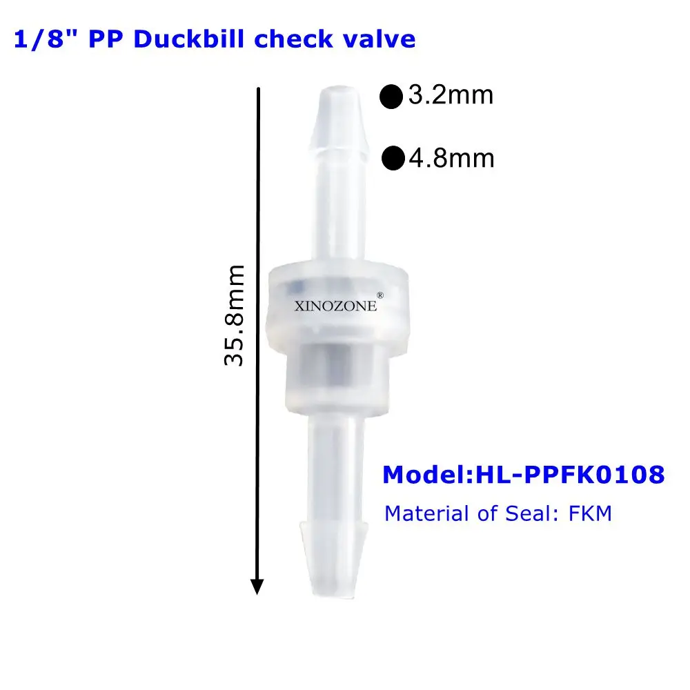 XINOZONE-Duckbill Válvula PP, não Retornar diafragma Conector, 3.2mm, Válvula PVDF, 1/8 ", 3/16"