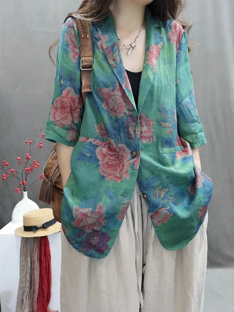 

Ретро Sle, хлопковый льняной костюм с принтом, женский летний тонкий свободный костюм больших размеров, повседневный солнцезащитный льняной материал, топ