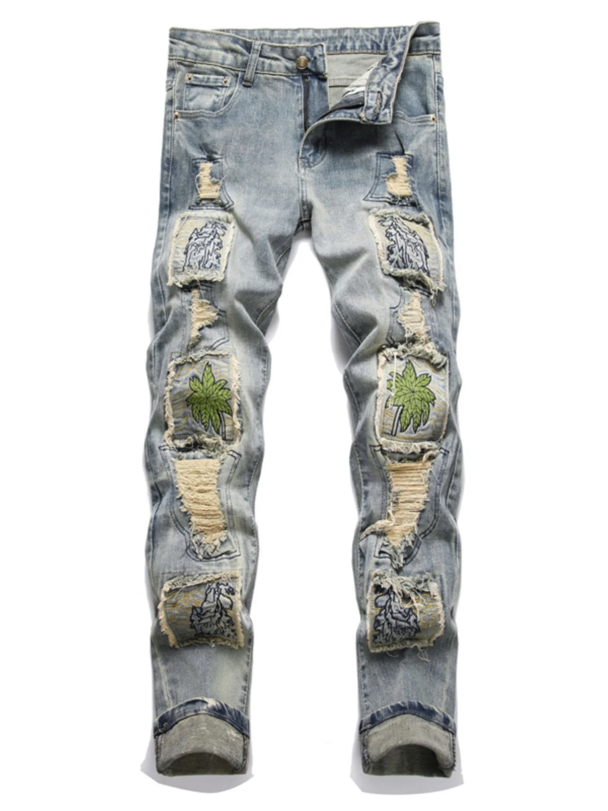 

Heavy Embroidery Autumn Winter Slim Fit Men's Jeans Trendy Brand Patch Worked Worn out Long Pants Casual Wear Resistant