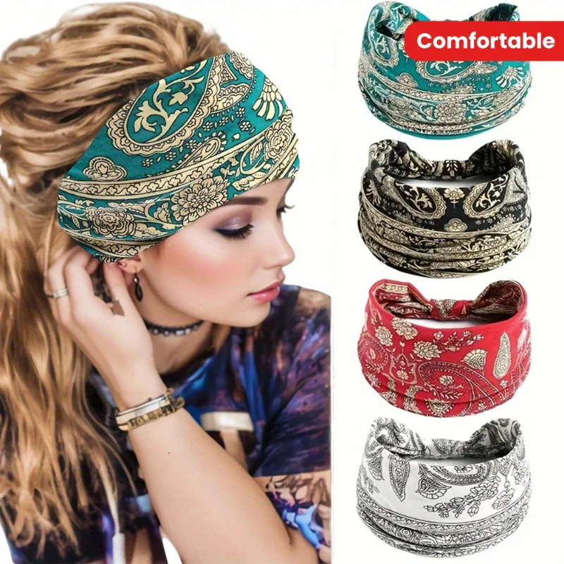 

4PCS Bohemian Aztec Print Yoga Sports Headband Sweatproof Stretch Cotton Hair Accessories for Women