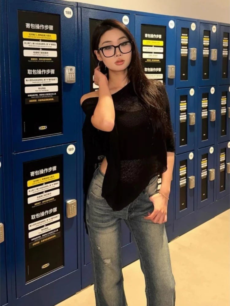 Sexy Irregular Sweater for Women Summer Hotsweet American Chic Off-shoulder Thin Top Sun-proof Breathable Long-sleeved Hip Hop