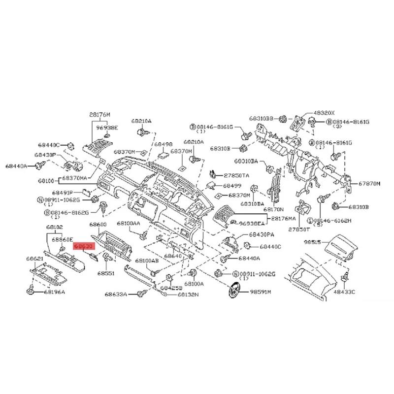 Car Glove Box Latch Lock Handle Replacement 68630-EQ300 For Nissan X-Trail T30 2001-2006 Glove Box Lock Lid Assembly 68630EQ300