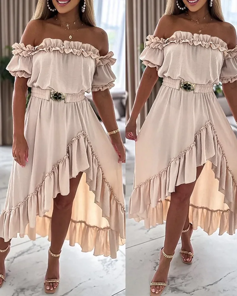 Summer Fashion Casual Dress Women Sexy Off The Shoulder Short Sleeve Ruffle Frill Hem Asymmetrical Maxi Dress