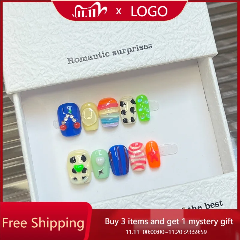 

10pcs Handmade Nails Childish Rainbow New Dopamine Three-dimensional Colorful Cartoon Press-on Reusable Nails Suitable for Girls
