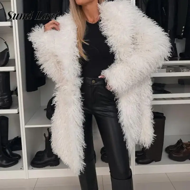 Women Causal Long Sleeve Solid Loose Faux Fur Coat Winter Fashion Soft Warm Outerwears Autumn Elegant Lapel Midi Woolen Jackets